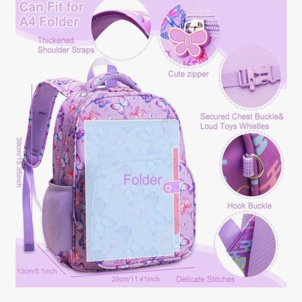 NWOT Purple & Pink Butterfly Print Kids 3-8 years old Backpack - Picture 3 of 13